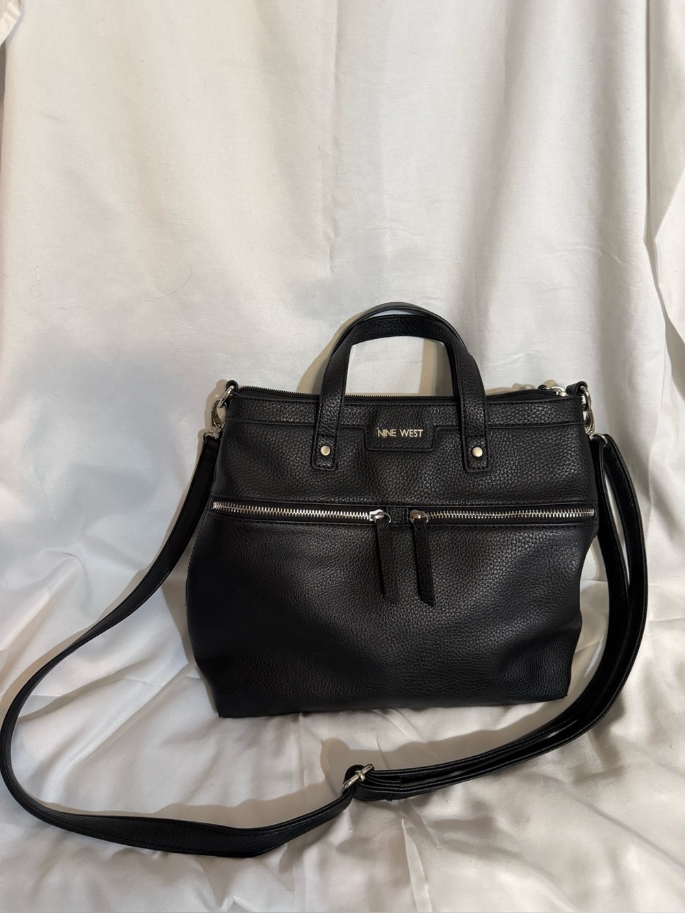 Nine West Black Pebbled Leather Shoulder Tote with Front Zip